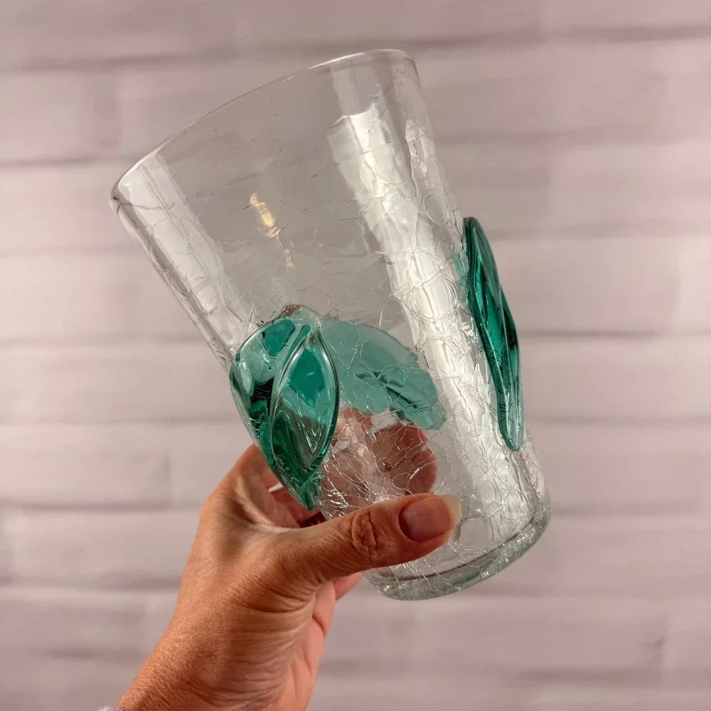 Blenko 366SL Leaf Beaker Vase Sea Green Crackle Glass Mid Century